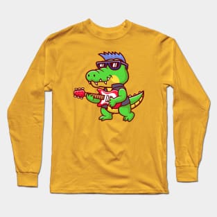 Cute Crocodile Playing Electric Guitar Cartoon Long Sleeve T-Shirt